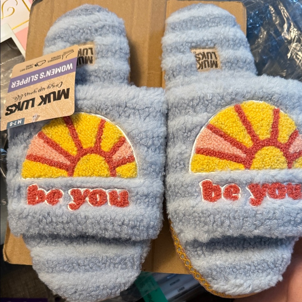 Grey Muk Luks Slippers with SUN and BE YOU on each with yellow